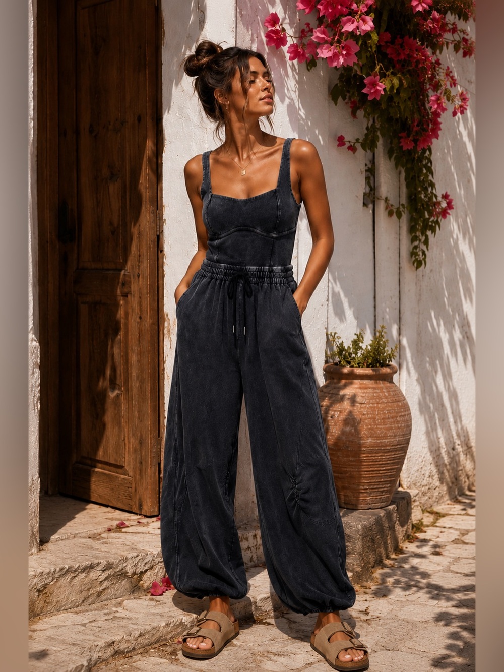 Free People Inbound Stretch Cotton Jumpsuit Black Washed Athleisure Boho Lounge